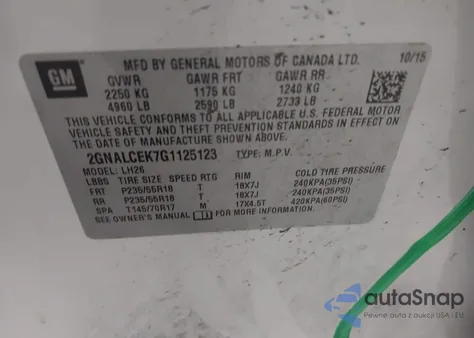 2016 Chevrolet Equinox Lt из США, поврежденный, VIN 2GNALCEK7G1125123